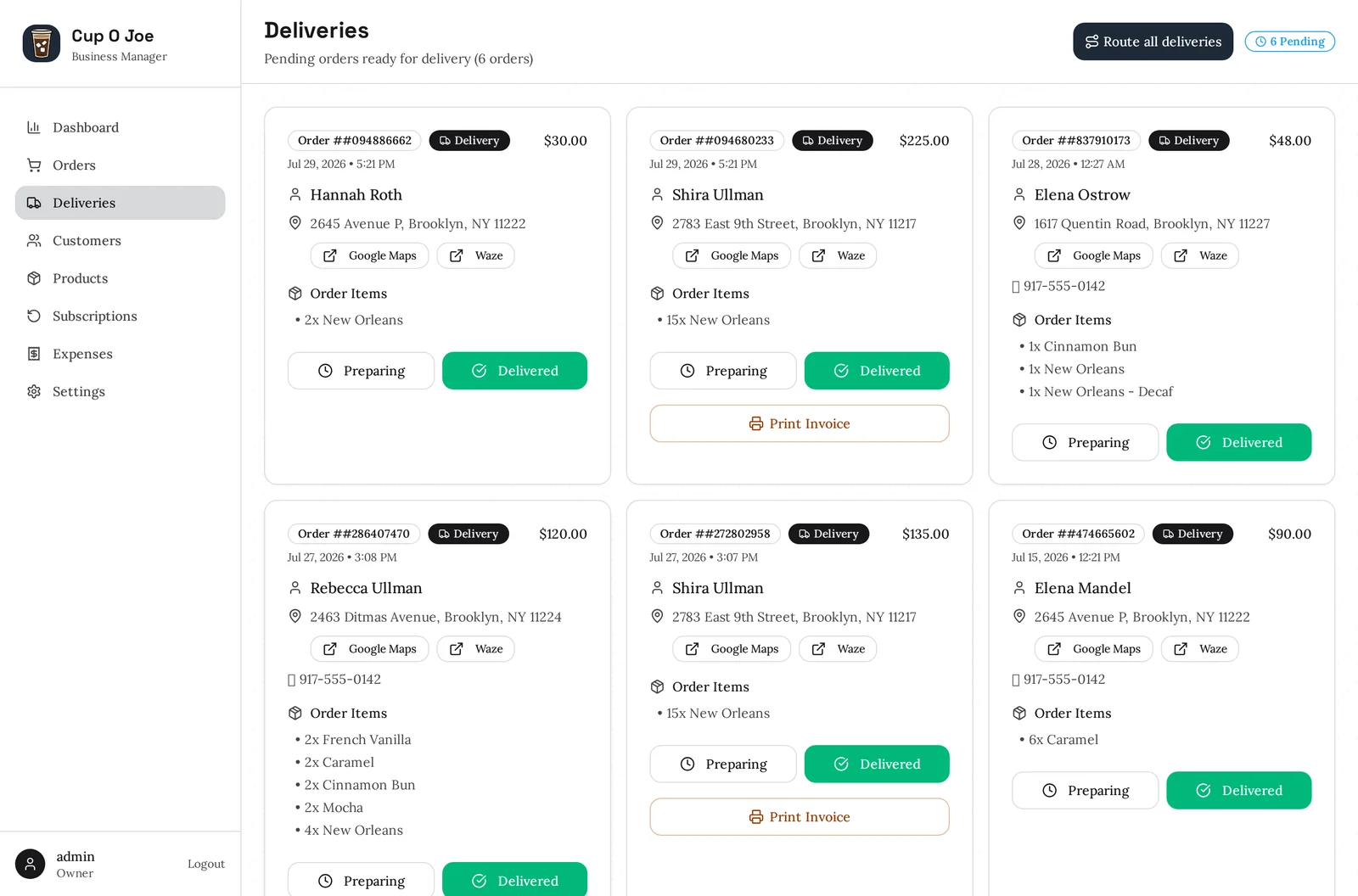 The deliveries screen showing pending delivery cards with addresses, order items and Google Maps and Waze buttons