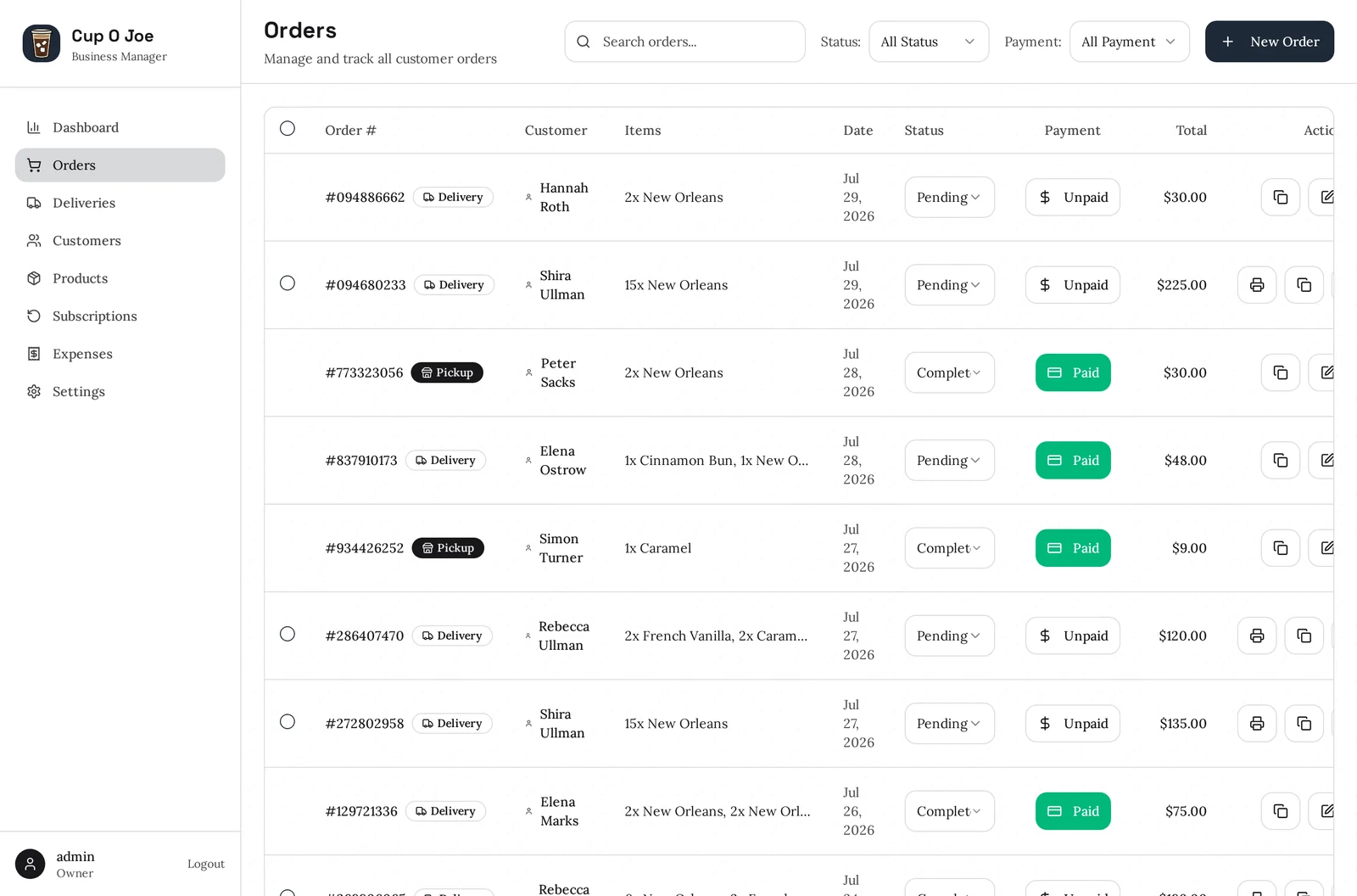 The orders screen listing recent orders with status, totals and payment state