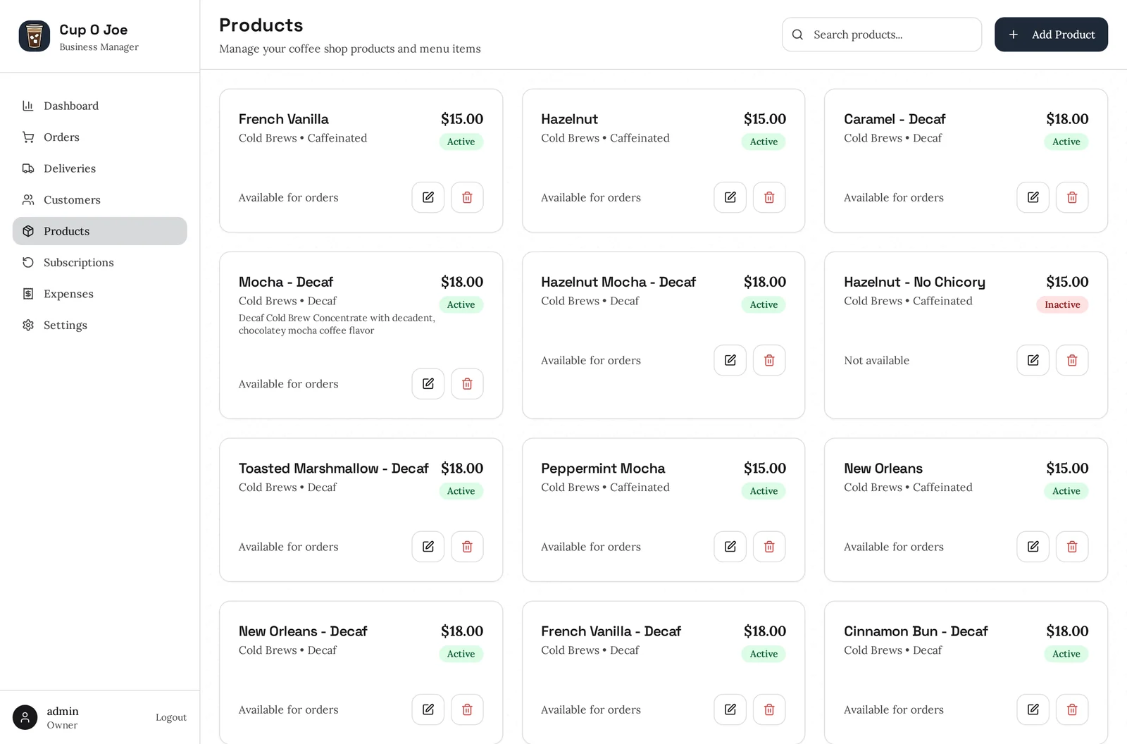 The products screen showing the catalogue with images, prices and categories