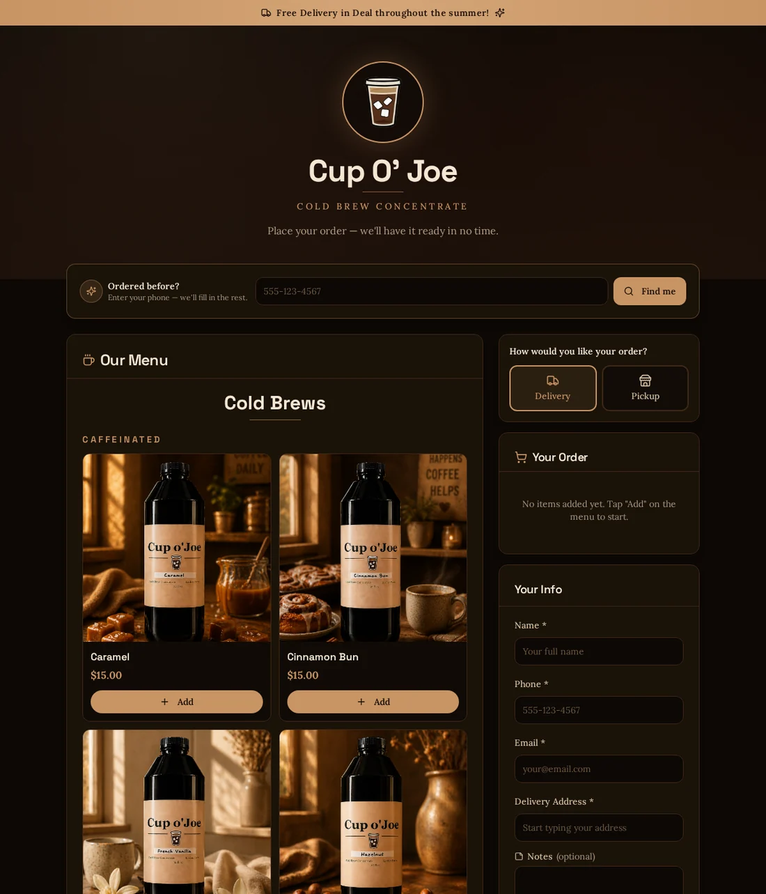 A decorated storefront style: warm dark background with display type