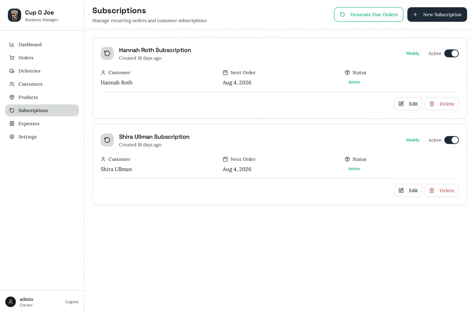 The subscriptions screen showing recurring orders and their next dates